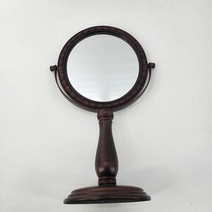 Double Sided Vanity MCM Makeup Mirror 14" Tall Free Standing Wood Metal
